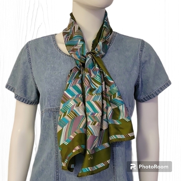 Vtg ECHO Olive Geometric Chevron Hand Rolled Silk Scarf - Picture 1 of 4